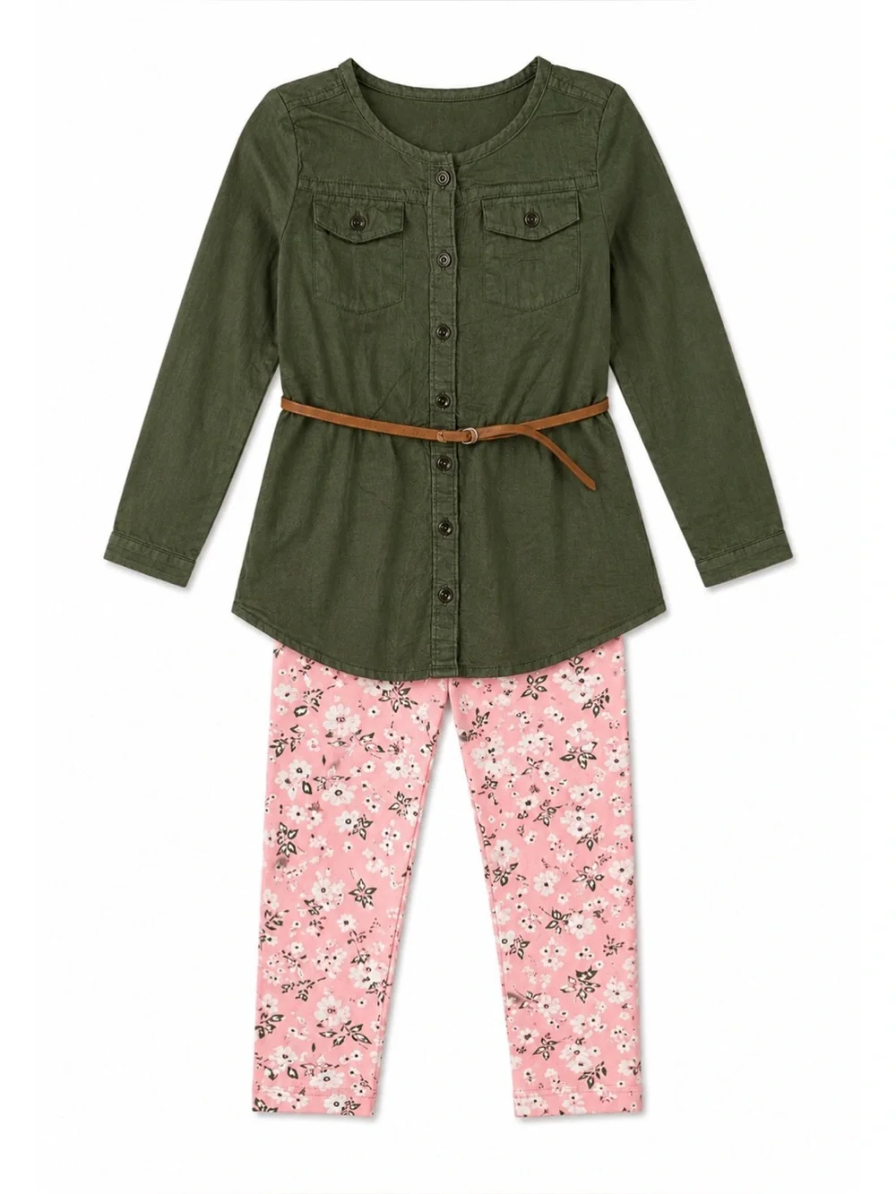 Carters Olive Green & Pink Floral Button Down Top & Leggings Set Girls Size 6X